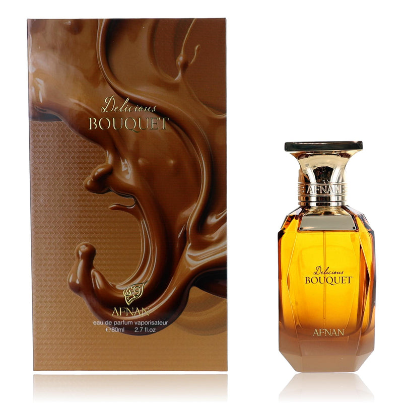 Afnan Delicious Bouquet 2.7 oz women's EDP spray bottle with floral design and elegant packaging.