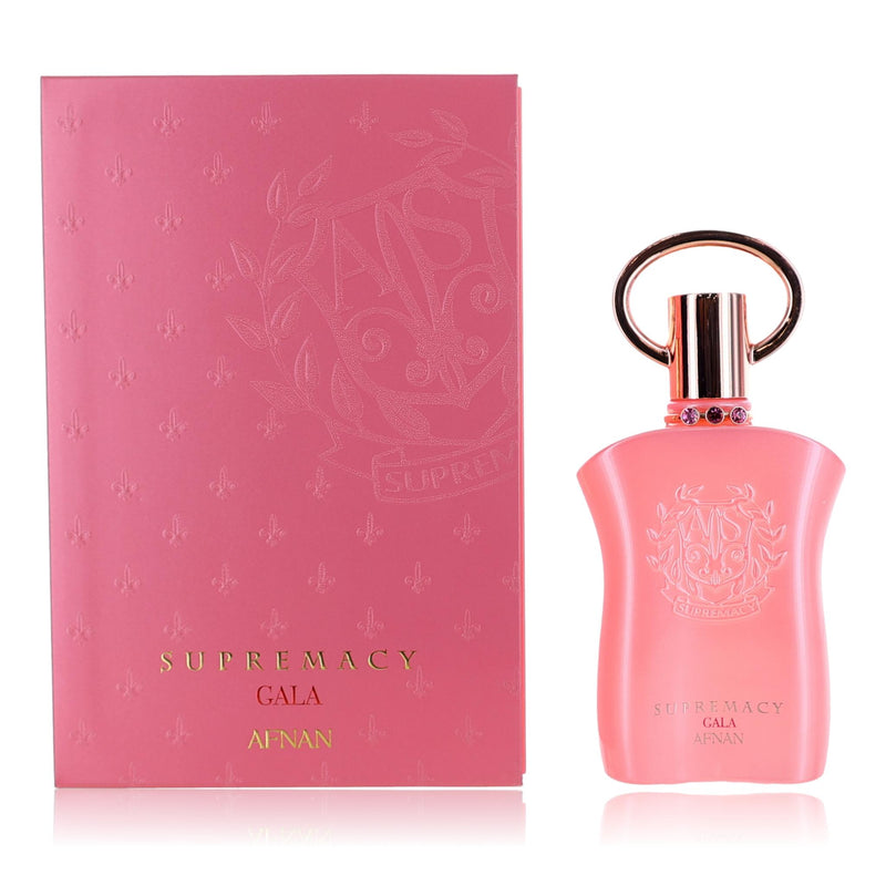 Afnan Supremacy Gala 3 oz Extrait De Parfum bottle for women, elegant glass container with gold accents.