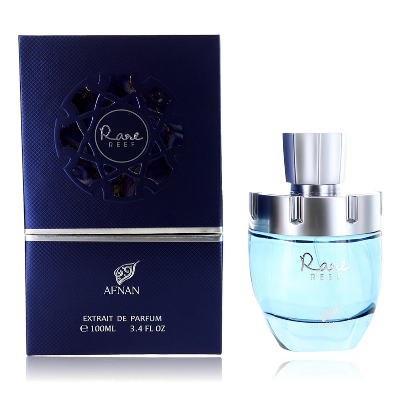 Aunisex 3.4 oz Rare Reef by Afnan EDP spray bottle with elegant packaging and branding displayed.