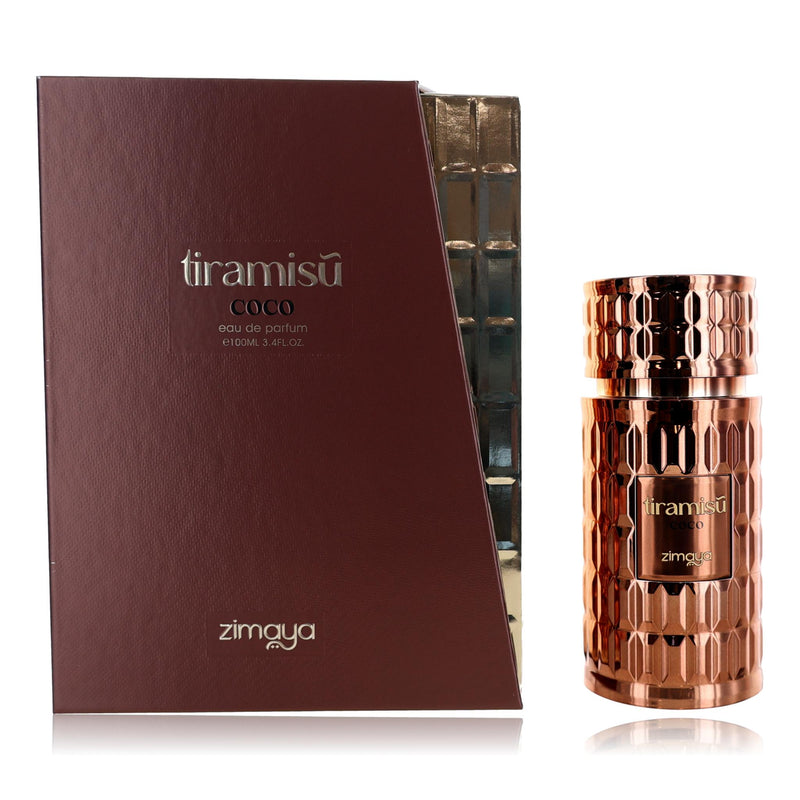 Zimaya Tiramisu Coco 3.4 oz unisex EDP spray bottle with elegant packaging, showcasing the luxurious fragrance design.