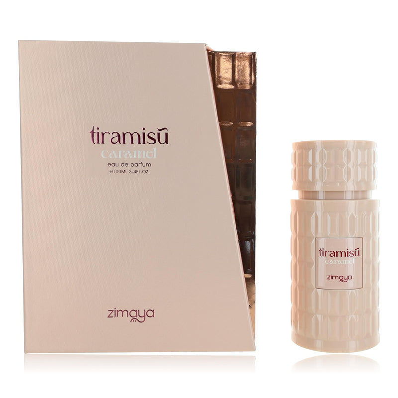 Zimaya Tiramisu Caramel unisex 3.4 oz EDP spray bottle with a sleek design and label showcasing the fragrance.