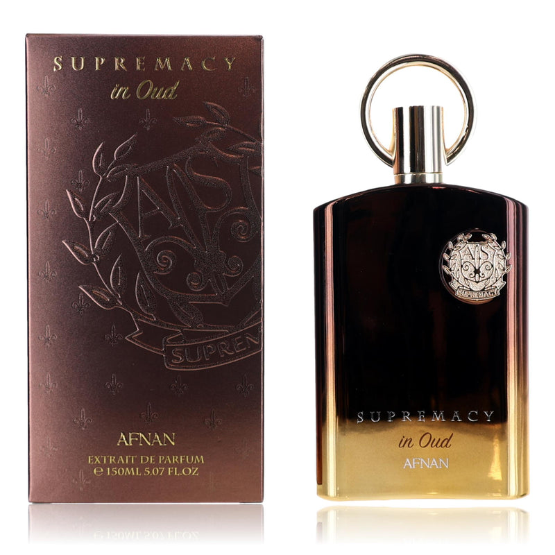 Aunisex Afnan Supremacy in Oud 5.07 oz extrait de parfum bottle with elegant packaging and dark aromatic fragrance notes.