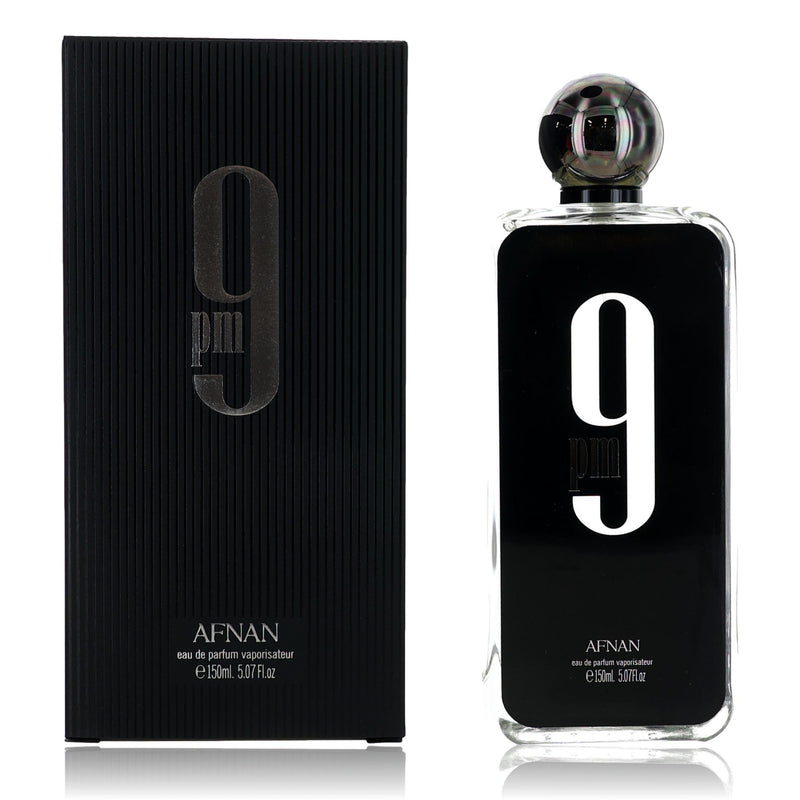 A 5 oz Afnan 9 PM men's Eau de Parfum spray bottle with sleek packaging design.