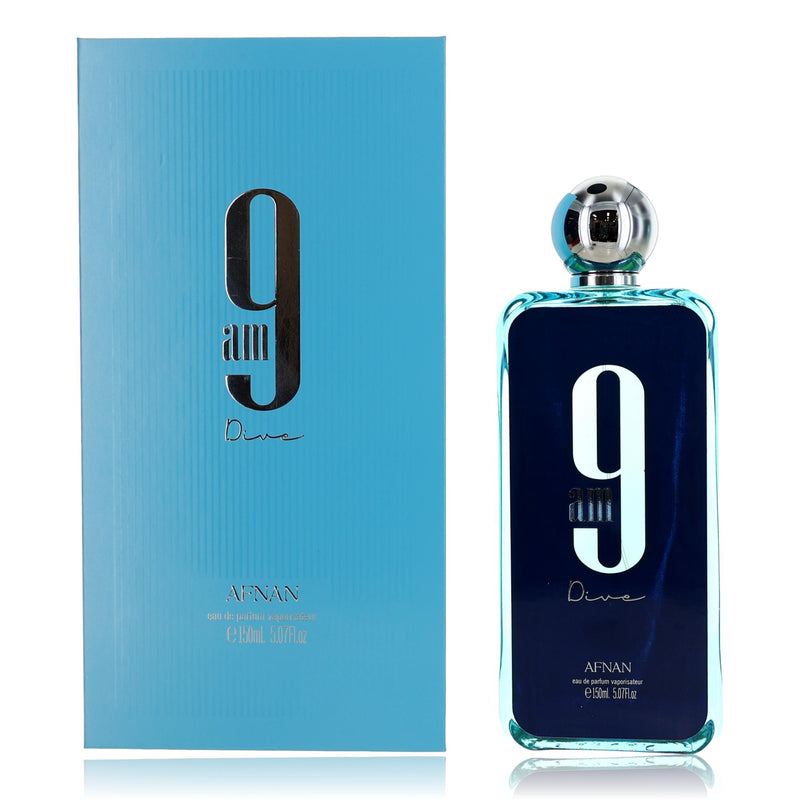 Aunisex 9 AM Dive by Afnan 5 oz EDP spray bottle with sleek packaging and branding, positioned on a neutral background.