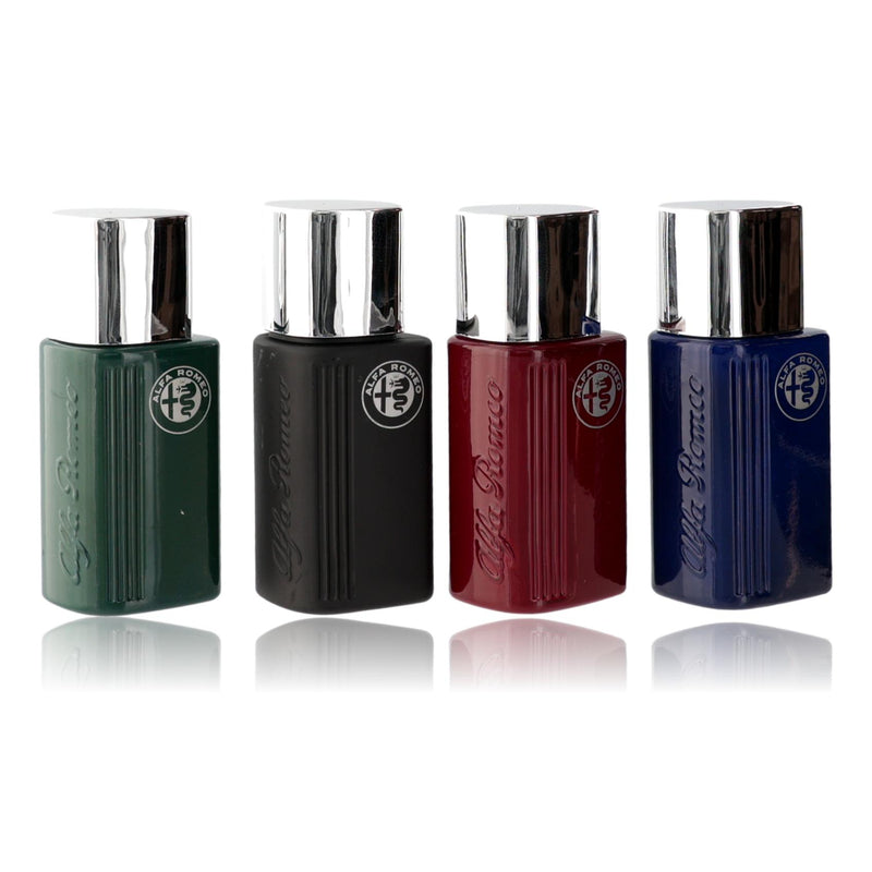 Alfa Romeo 4-piece gift set for men with branded physical products, featuring sleek packaging and Alfa Romeo logo details.