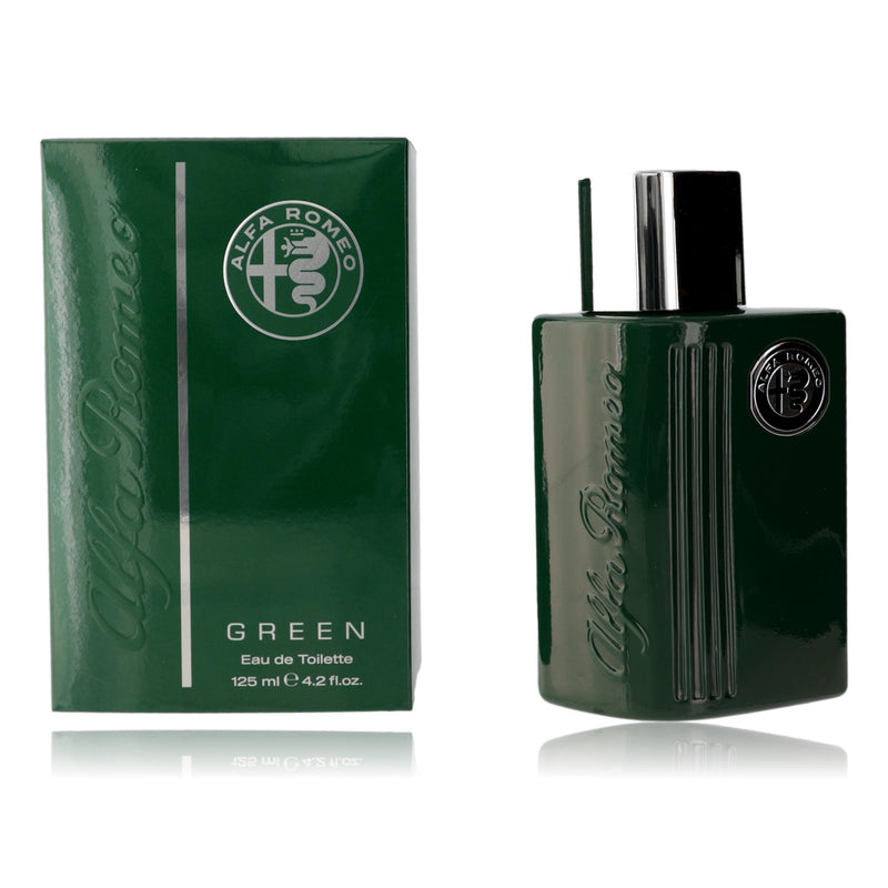 Alfa Romeo Green men's 4.2 EDT spray bottle featuring sleek packaging and branding for Alfa Romeo fragrance.