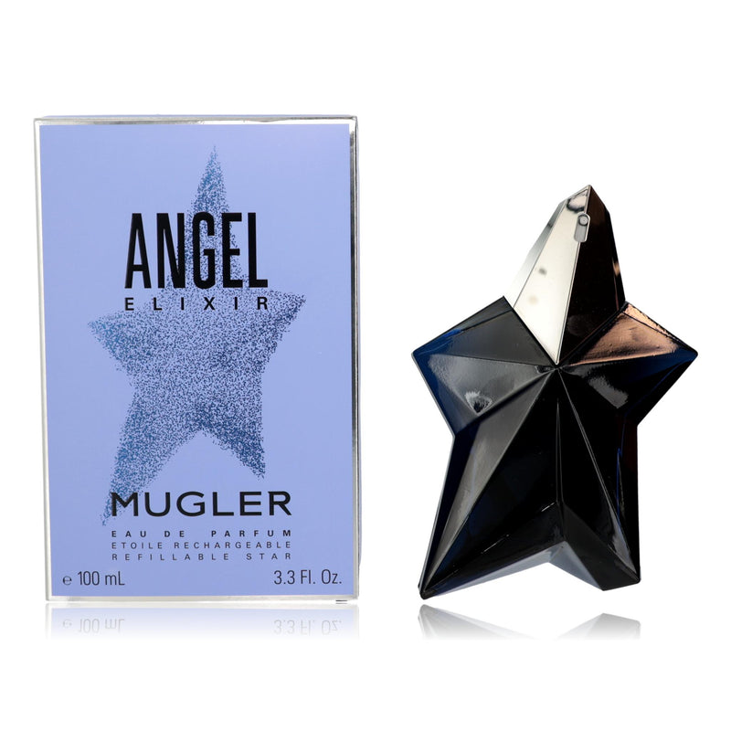 Thierry Mugler Angel Elixir 3.3 oz refillable EDP spray for women, featuring a sleek bottle with elegant design.