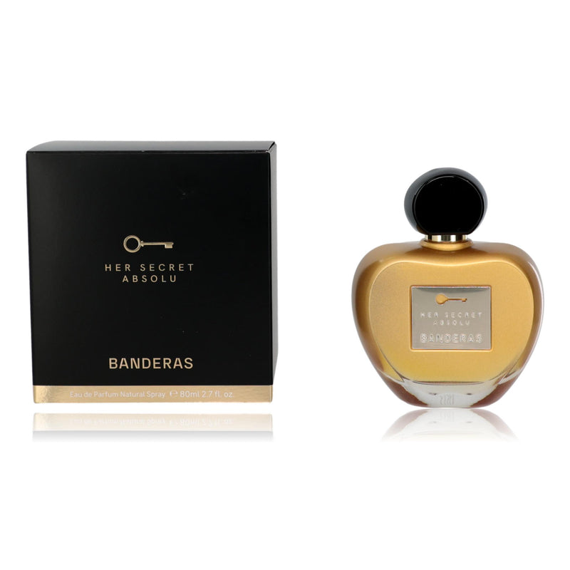 Her Secret Absolu by Antonio Banderas 2.7 oz women’s EDP spray bottle with elegant packaging and floral design.