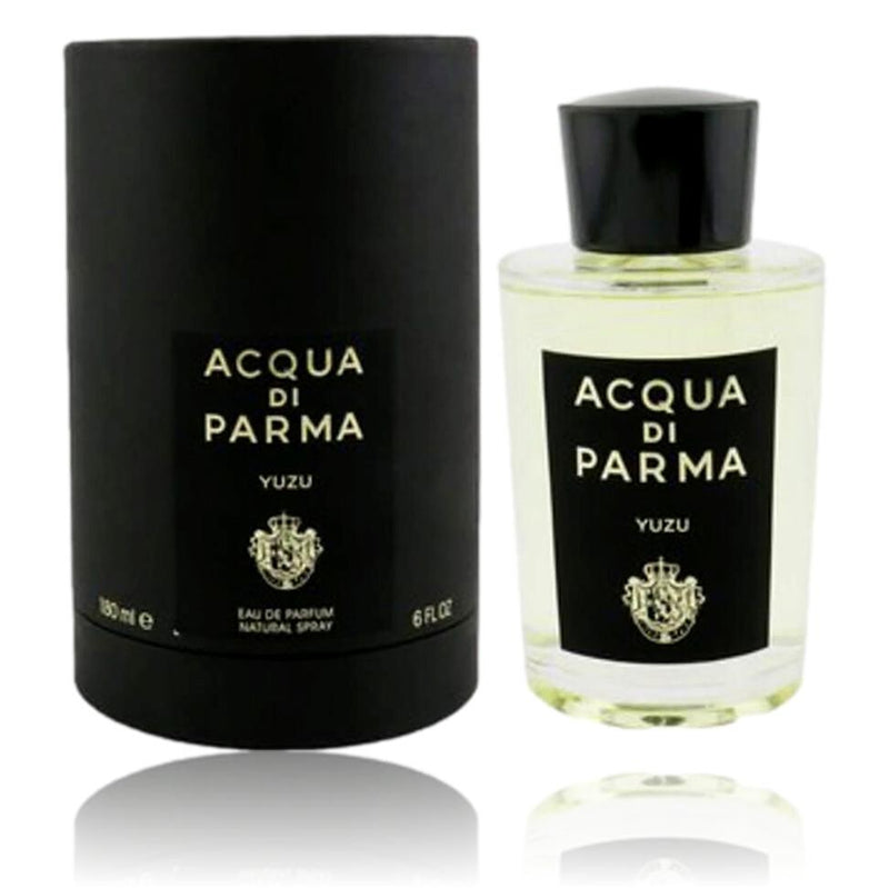 Acqua Di Parma Yuzu unisex 6 oz EDP spray with elegant bottle, featuring citrus and floral notes for a luxurious fragrance experience.