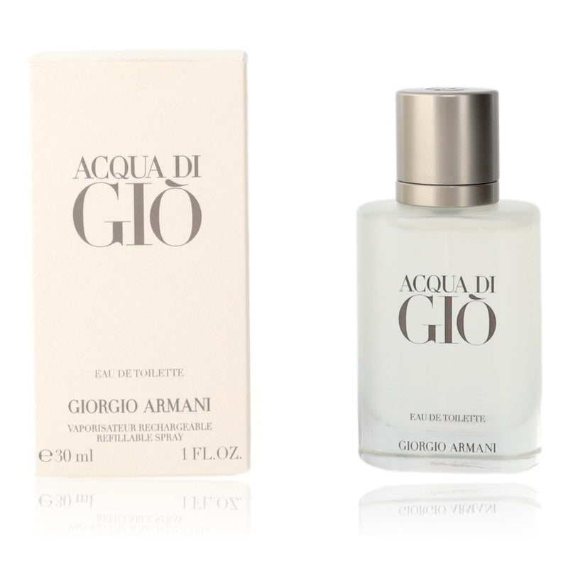Refillable 1 oz Giorgio Armani Acqua Di Gio EDT spray for men, compact bottle with sleek design and silver cap.