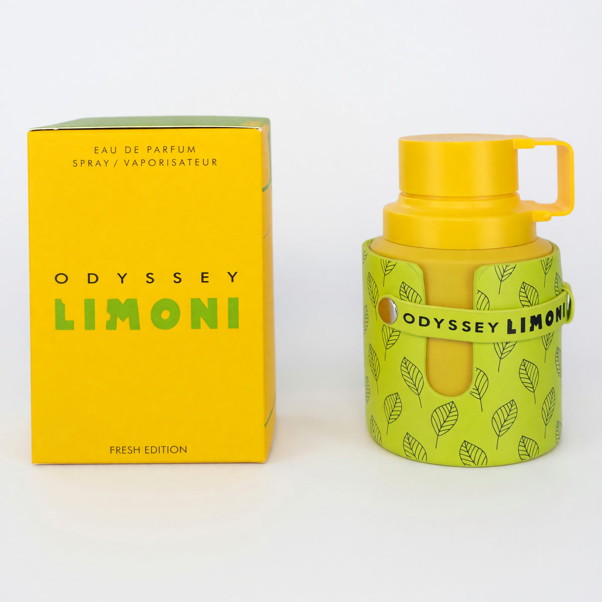 Armaf Odyssey Limoni Fresh 2.0 oz unisex EDP spray bottle with citrus-inspired fragrance and sleek packaging.