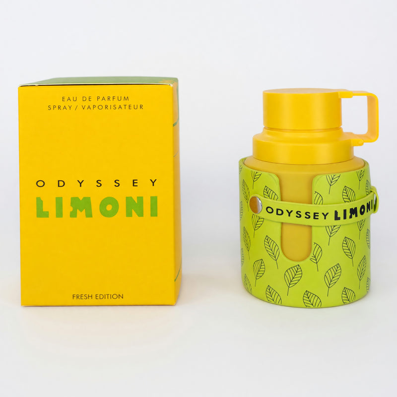Armaf Odyssey Limoni Fresh 2.0 oz unisex EDP spray bottle with citrus-inspired fragrance and sleek packaging.