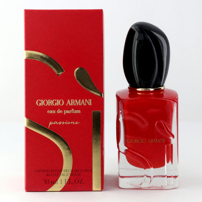 Giorgio Armani Sì Passione 1 oz EDP refillable spray for women, elegant glass bottle with silver cap.