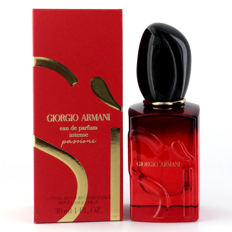 Giorgio Armani Sì Passione Intense 1oz women’s EDP refillable spray bottle, elegant and sleek perfume packaging.