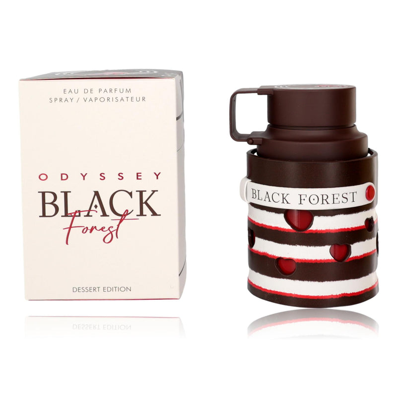 Armaf Odyssey Black Forest 3.4 oz unisex EDP spray bottle, elegant packaging with a dark, sophisticated design.