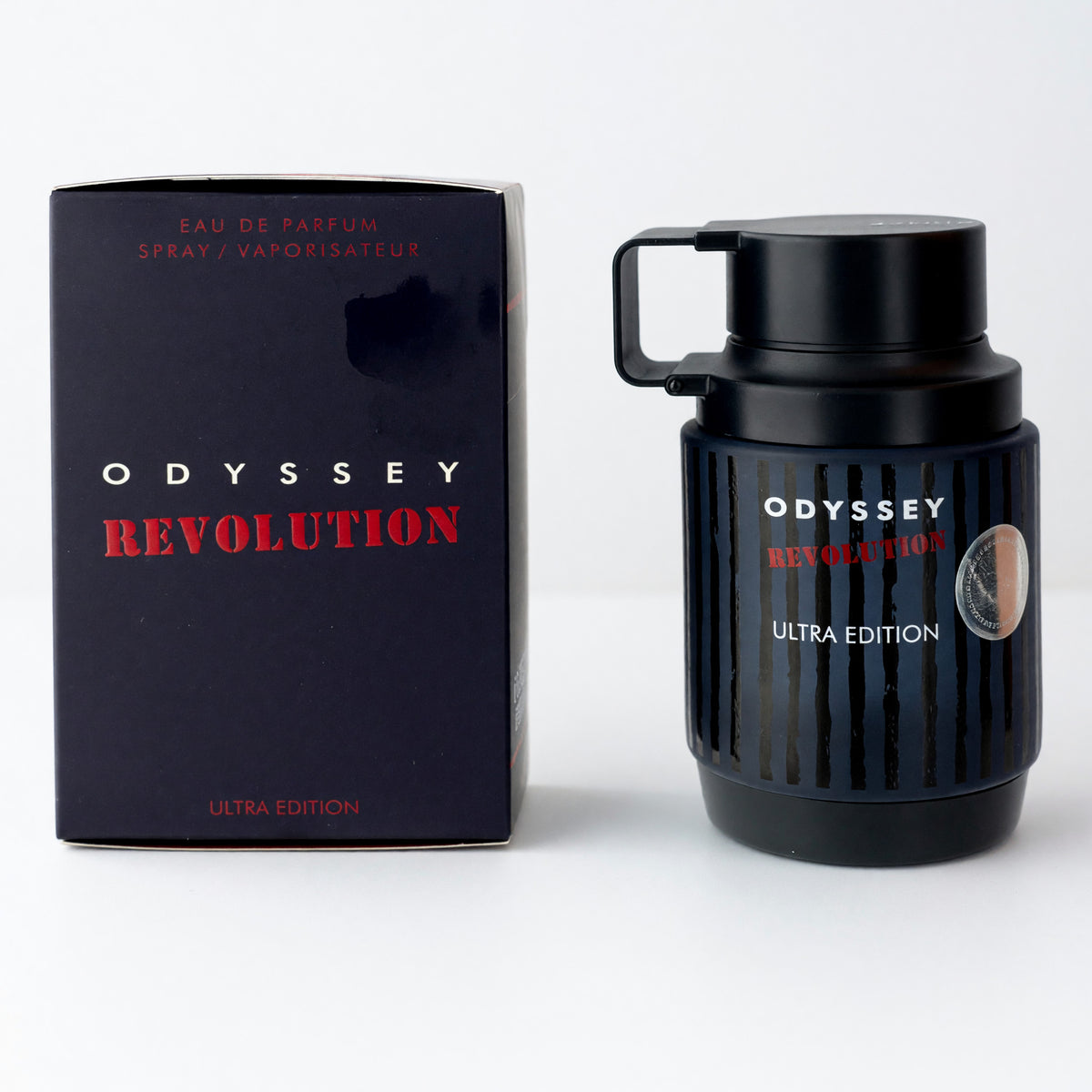 Odyssey Revolution by Armaf unisex 3.4 oz EDP spray bottle with sleek design and elegant packaging.