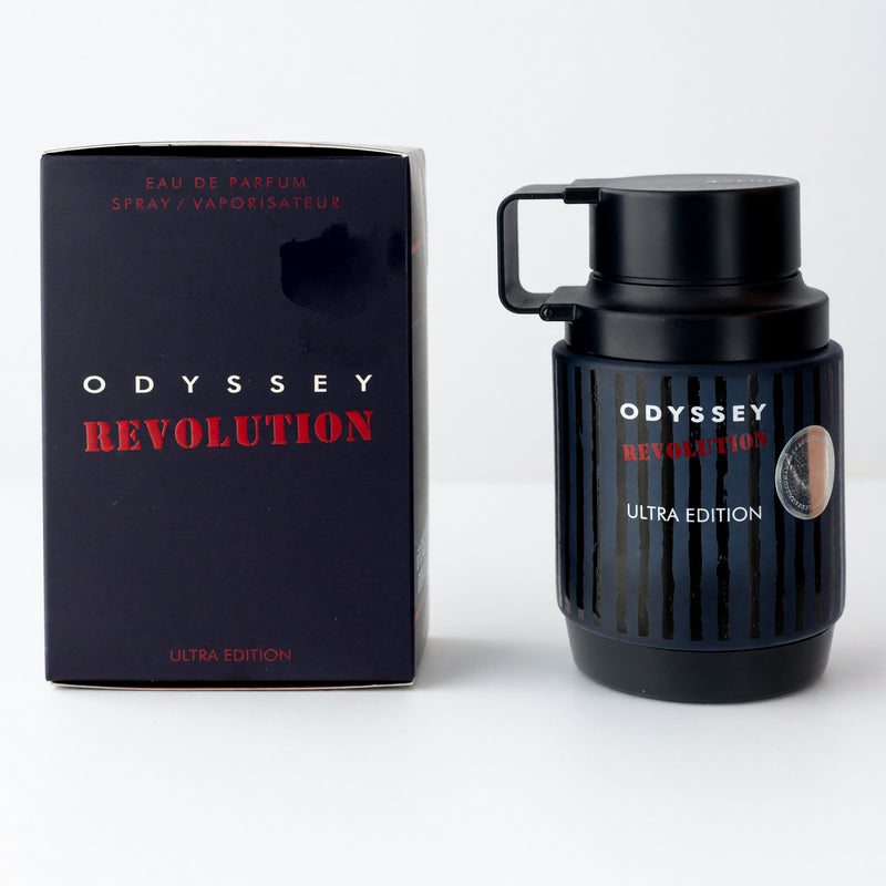 Odyssey Revolution by Armaf unisex 3.4 oz EDP spray bottle with sleek design and elegant packaging.