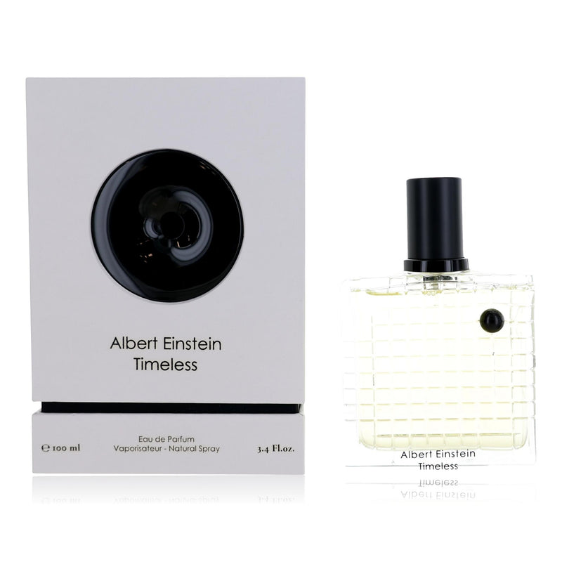 Unisex Albert Einstein Timeless by Atralia 3.4 oz EDP spray bottle with sleek packaging and label design.