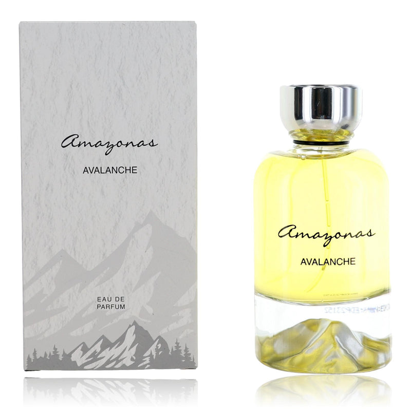Atralia Amazonas Avalanche unisex 3.4 oz EDP spray bottle, sleek physical fragrance container, showcasing the product and packaging