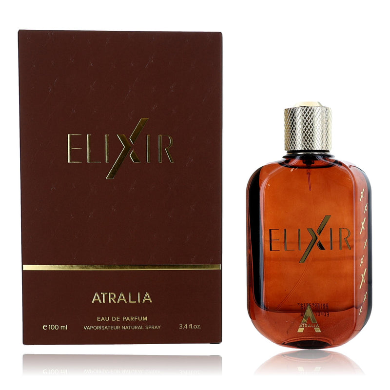 Atralia Elixir unisex 3.4 oz EDP spray bottle with elegant packaging, showcasing the luxurious fragrance for both men and women.