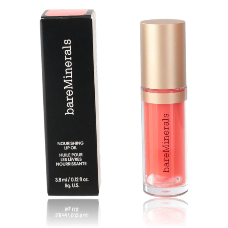 BareMinerals Nourishing Lip Oil in Charm, 0.12oz, featuring a sleek applicator and clear packaging showing the nourishing lip oil inside.