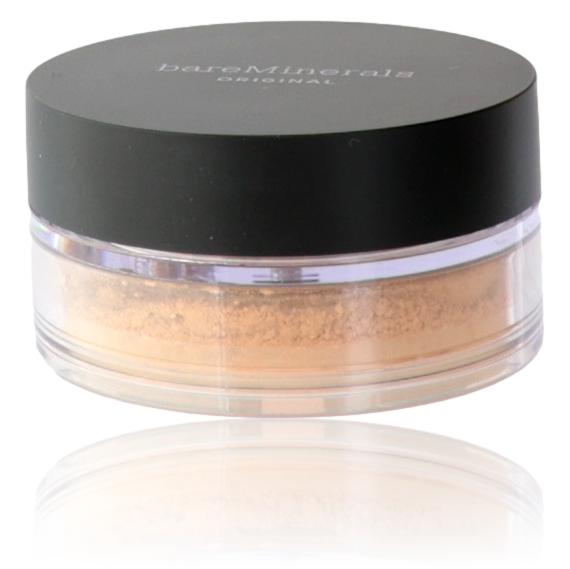 BareMinerals loose powder foundation in Golden Beige 13 with SPF 15, showing a close-up of the physical powder in a jar.