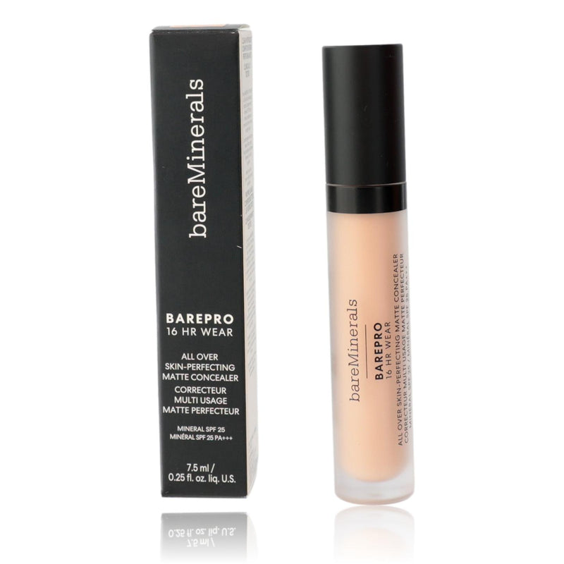 BareMinerals BarePro 16 Hr Wear matte concealer SPF 25 in Fair 150 Cool, physical formula, shown in a .25oz container.