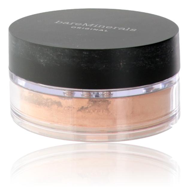 BareMinerals Loose Powder Foundation in Medium Tan 18 with SPF 15, showing the physical powder container and applicator brush.