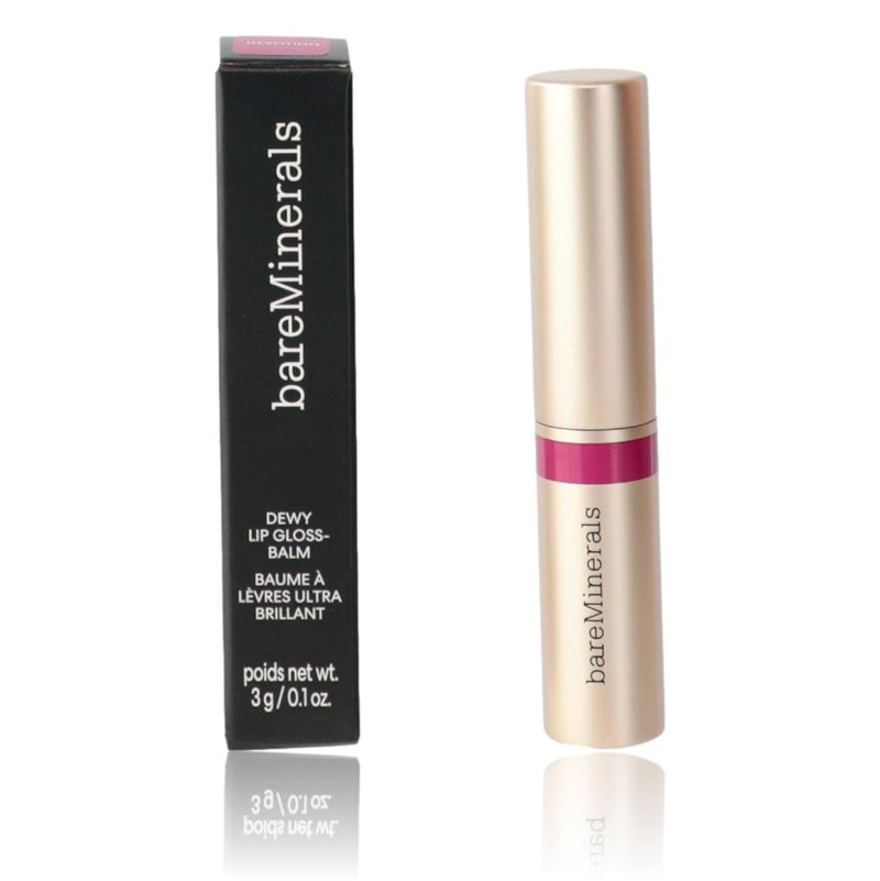 BareMinerals Dewy Lip Gloss Balm in Devotion, 0.1oz, featuring a clear tube and applicator with a glossy, moisturizing lip gloss balm.