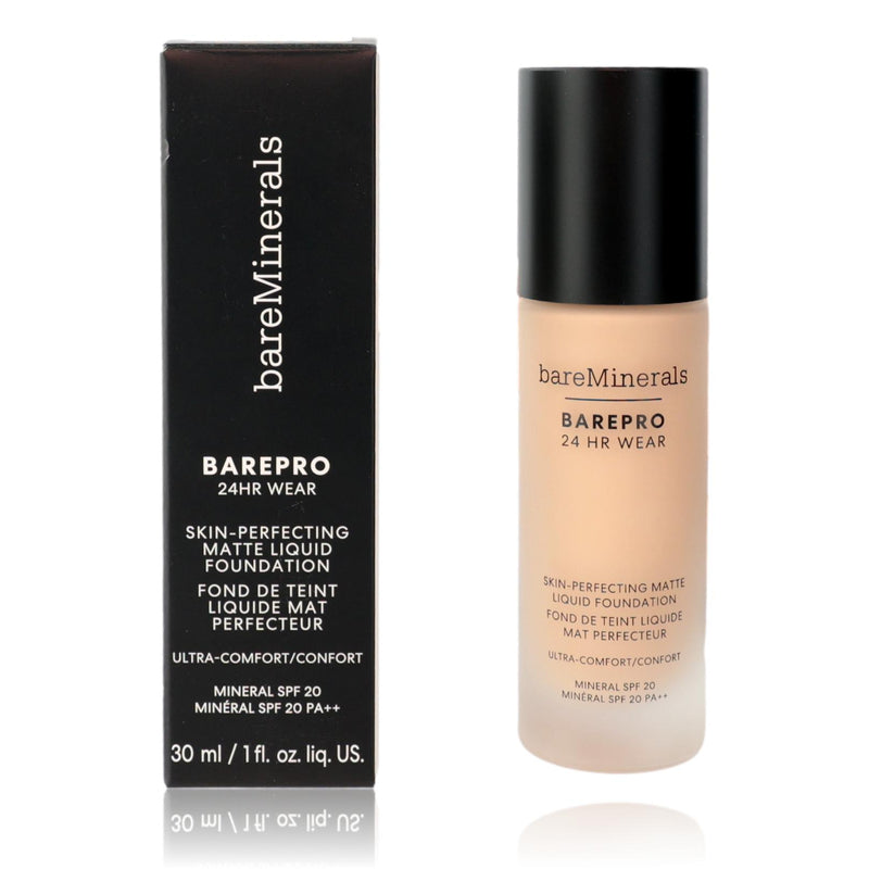 BareMinerals BarePro 24hr Wear matte liquid foundation in Fair 10 Neutral, displayed in a 1oz bottle with a pump applicator.