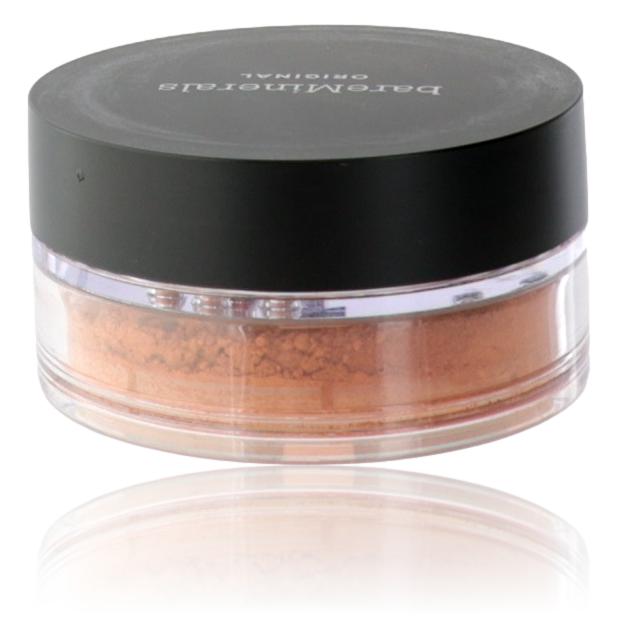 BareMinerals loose powder foundation in Golden Dark 25, SPF 15, with a soft, natural finish and lightweight physical formula.