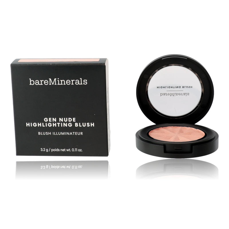 bareMinerals Gen Nude Highlighting Blush in Opal Glow, physical blush compact with shimmering peachy-pink shade and subtle glow effect