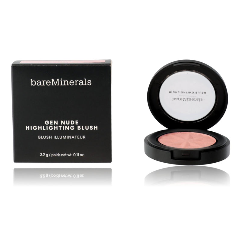 bareMinerals Gen Nude Highlighting Blush in Rose Glow, a physical blush with a shimmering pink hue, displayed in a compact container