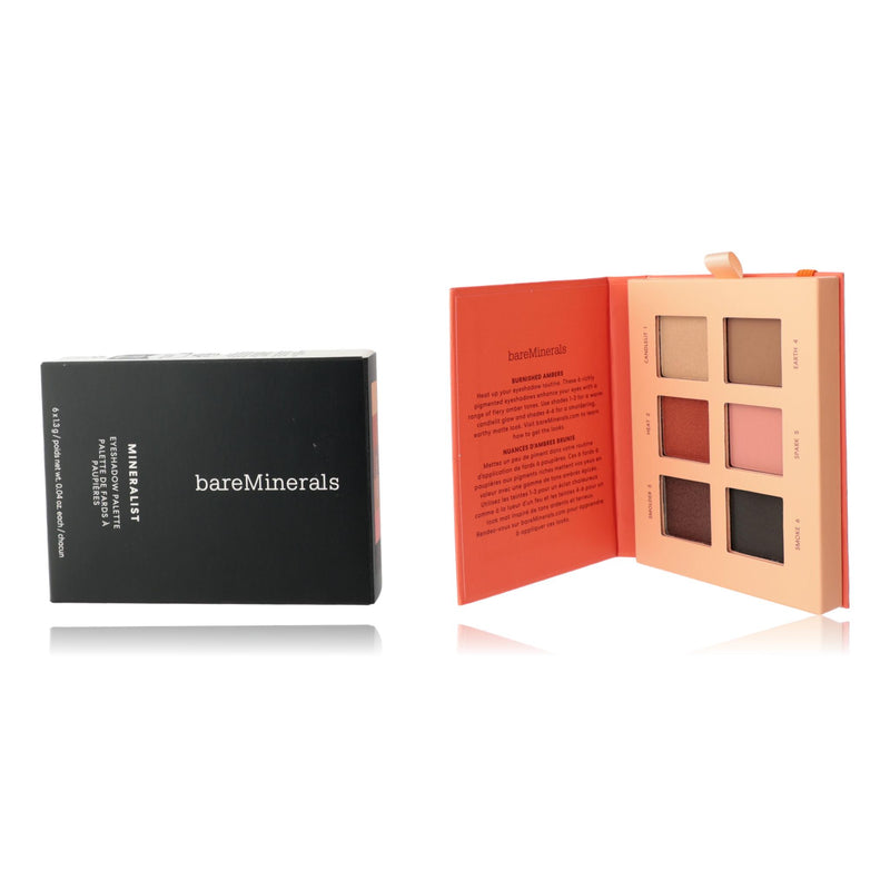 BareMinerals Mineralist Burnished 6-shade eyeshadow palette with warm metallic and matte finishes, featuring natural eye makeup shades.