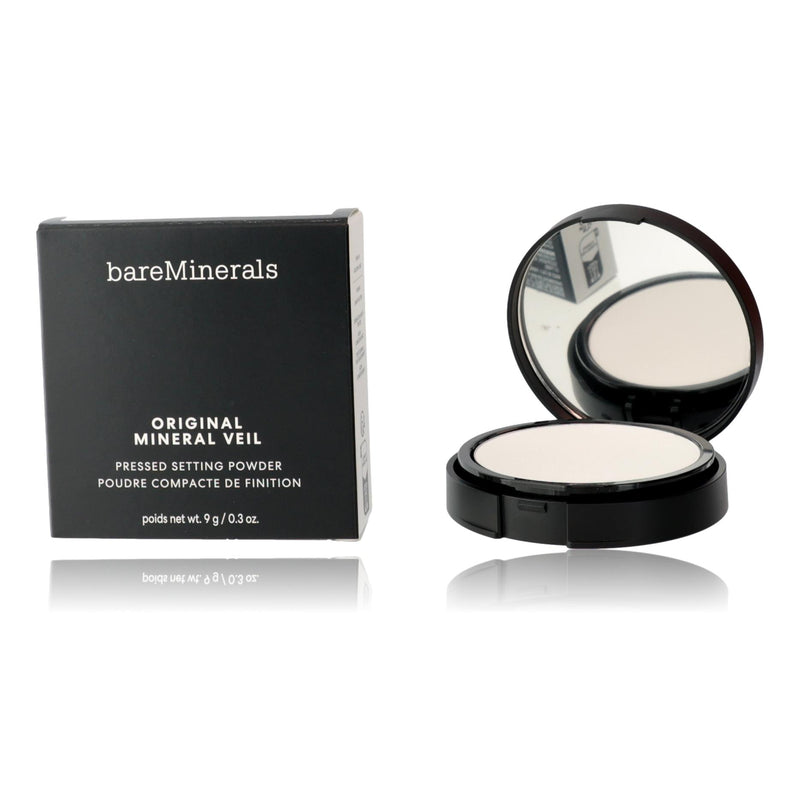 Bare Minerals Original Mineral Veil translucent pressed setting powder in 0.3oz container, showcasing its fine, lightweight texture.