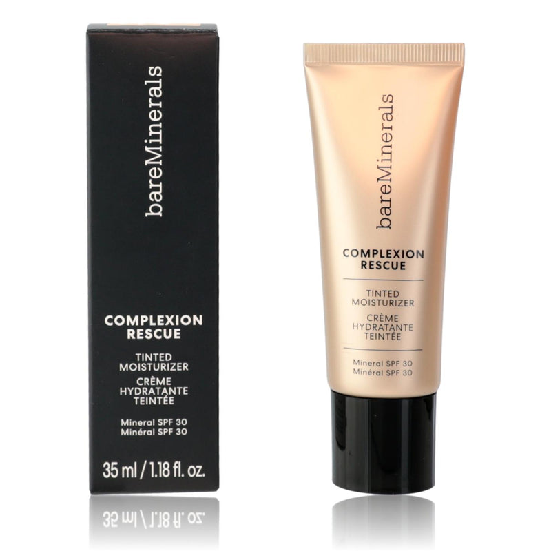 BareMinerals Complexion Rescue tinted moisturizer SPF 30 in Birch 1.5 with physical formula, showing smooth, lightweight skin coverage.