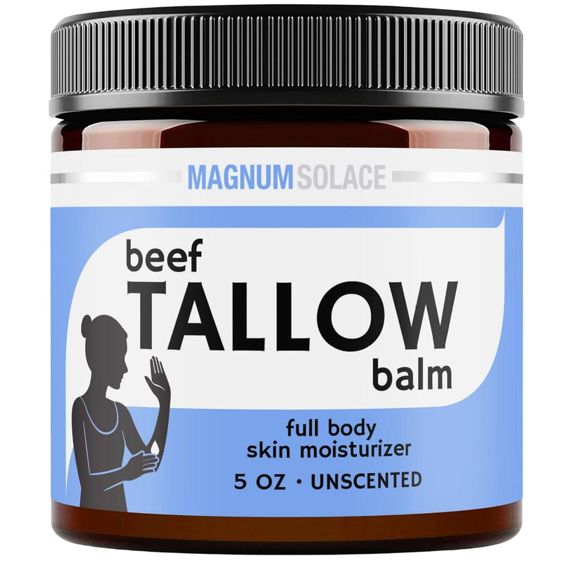 Beef tallow balm by Magnum Solace in a 5 oz jar, full body skin moisturizer with natural, nourishing ingredients.