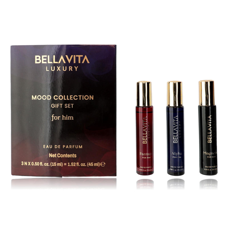 Bellavita Mood Collection 3-piece gift set for men featuring physical products, stylish packaging, and a modern design.