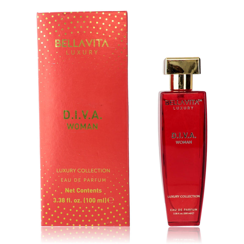 Bellavita D.I.V.A. 3.3 oz women's EDP spray bottle with elegant design, showcasing the perfume for women.