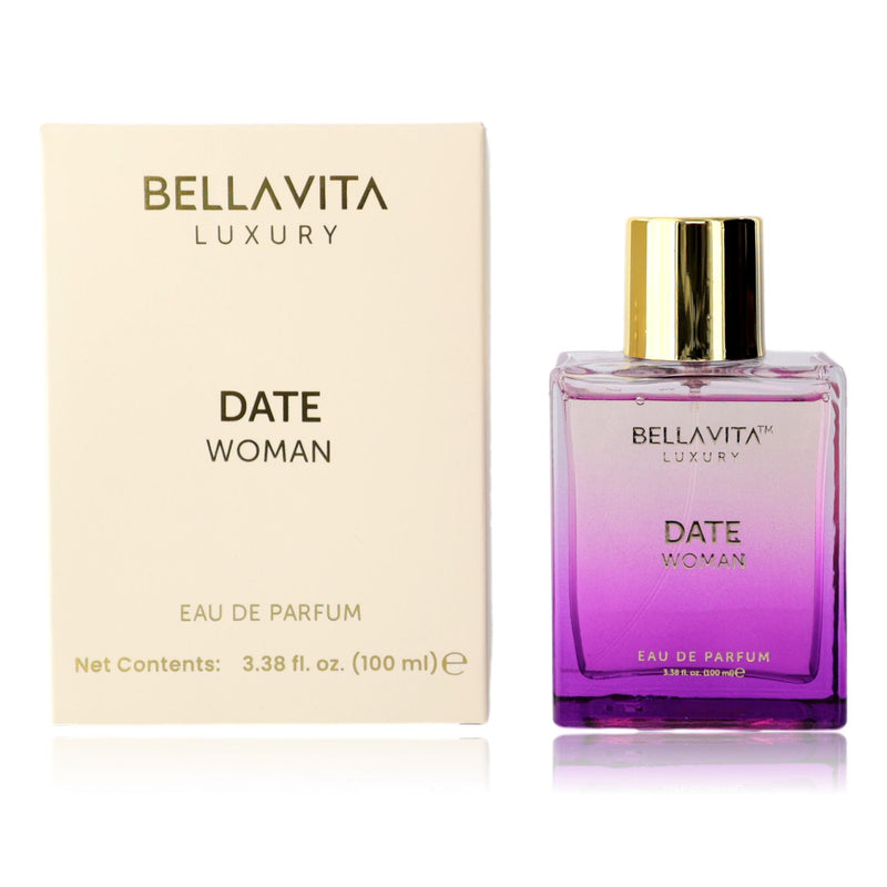 Bellavita Date Women 3.3 oz EDP spray bottle, elegant packaging for women’s floral fragrance.