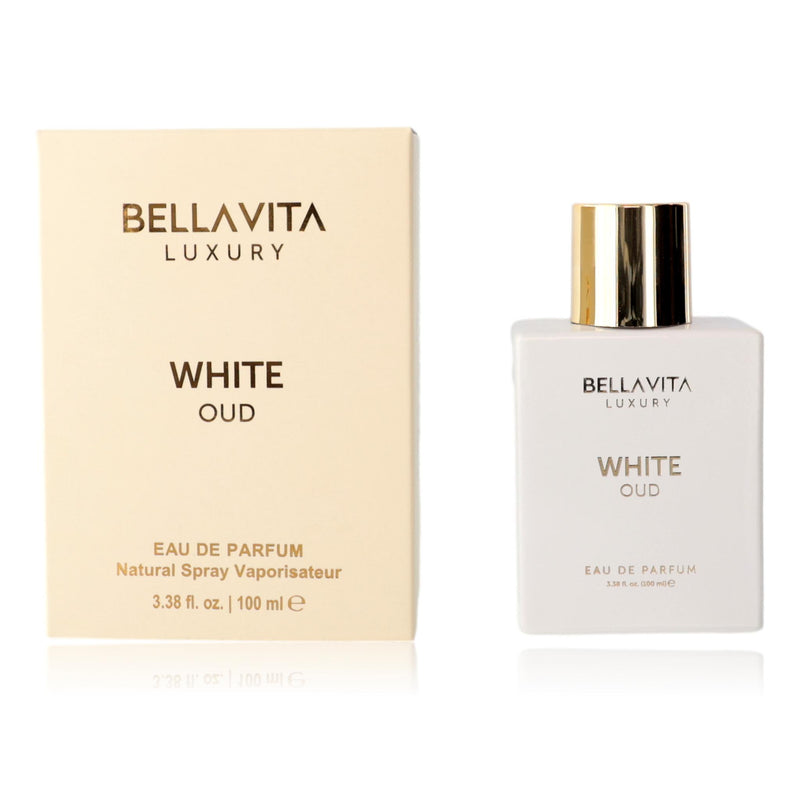 White Oud by Bellavita 3.3 oz unisex EDP spray bottle, elegant white packaging with a sleek design.
