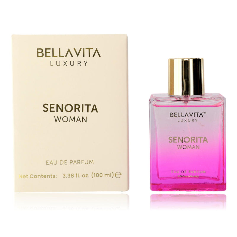 Bellavita Senorita 3.3 oz women’s EDP spray bottle with elegant packaging and floral design.