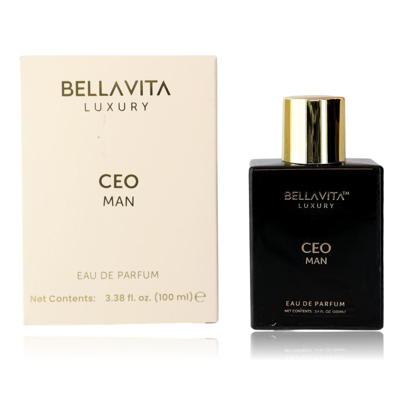 Bellavita CEO Man 3.3 oz men's Eau de Parfum spray bottle, elegant packaging for the fragrance.