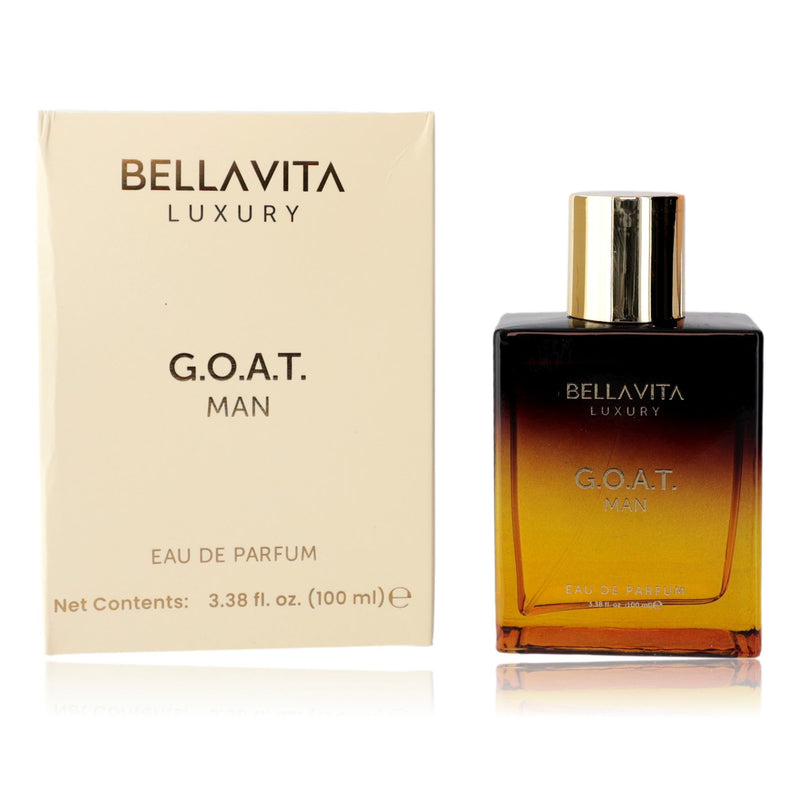 Bellavita G.O.A.T. Man 3.3 oz EDP spray for men, featuring the sleek bottle design and modern packaging.