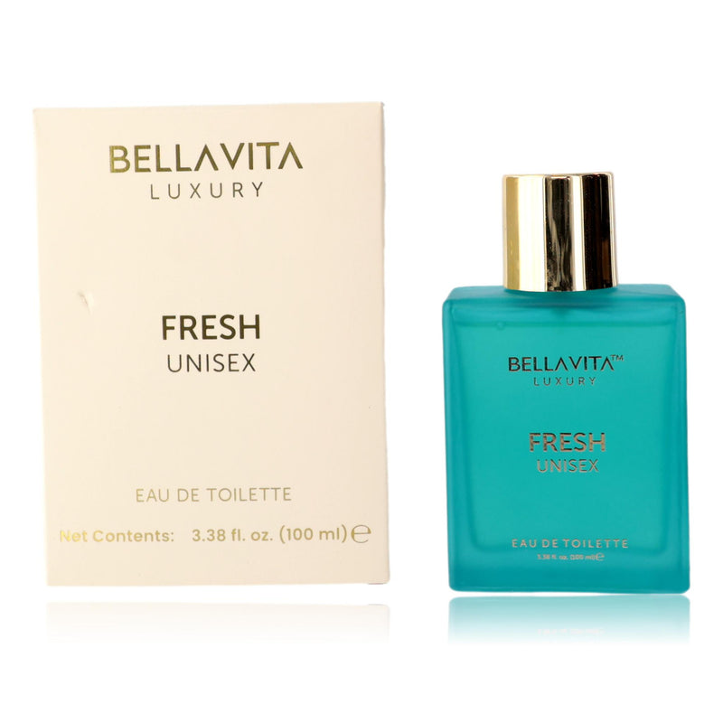 Bellavita Fresh unisex 3.3 oz EDP spray bottle, sleek packaging, designed for both men and women.