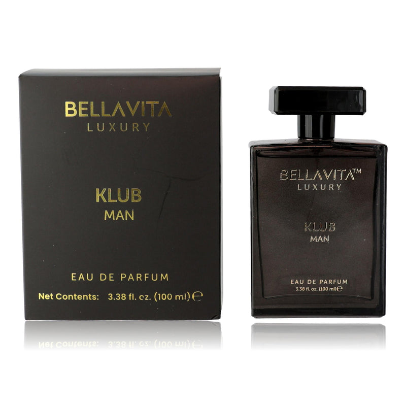 Bellavita Klub Man 3.3 oz men's Eau de Parfum spray bottle with sleek design and dark-colored cap.