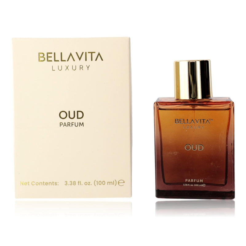 Bellavita Oud unisex perfume spray 3.3 oz bottle, elegant fragrance with rich oud notes, physical product image.
