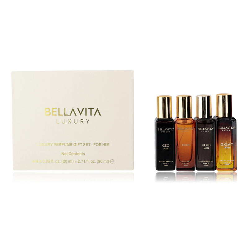 Bellavita 4-piece luxury gift set for men, including grooming products and accessories, displayed in elegant packaging.