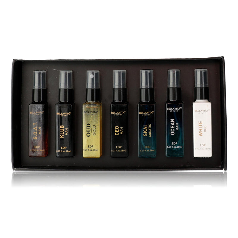 Bellavita Discovery Set for Men, 7-piece physical product including capsules and supplement bottles, displayed in a white box.