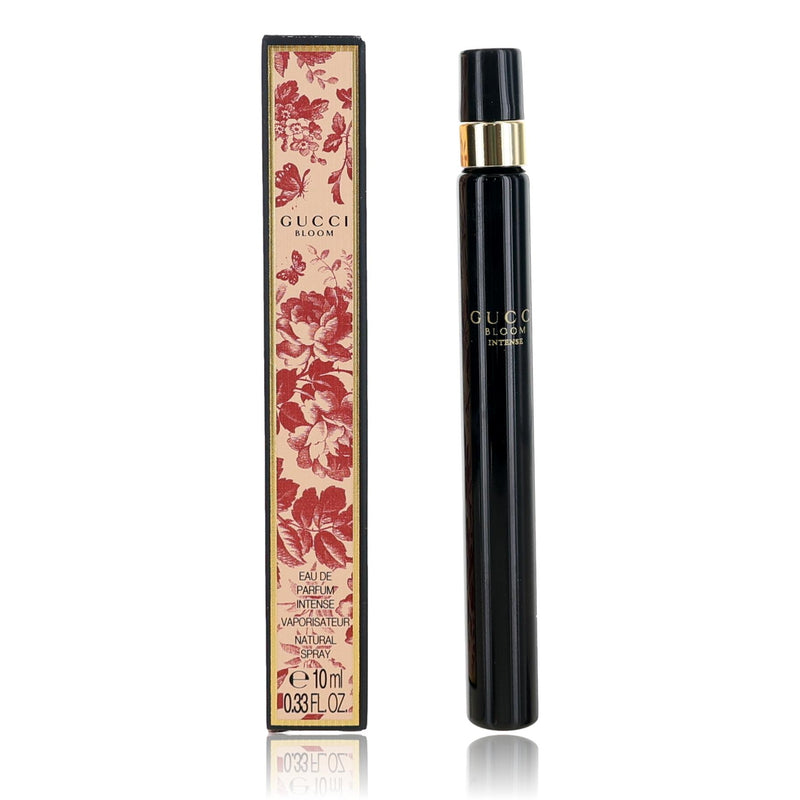 Gucci Bloom women’s 0.33 oz EDP Intense spray bottle, elegant floral perfume with a sleek design and gold accents.